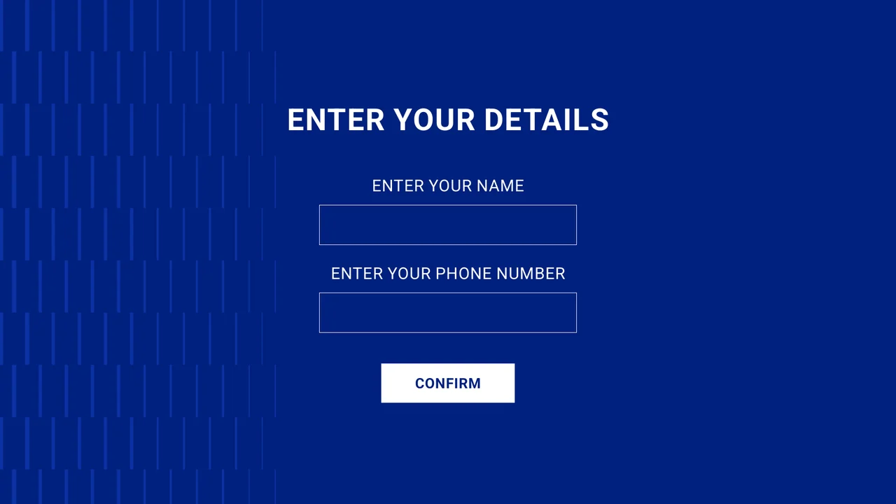 Blue registration screen with empty name and phone number fields and a white Confirm button.