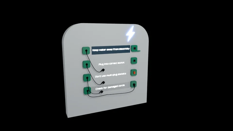 A freestanding electrical-safety activity wall with green sockets, hanging cables, four instruction strips and a lightning symbol.