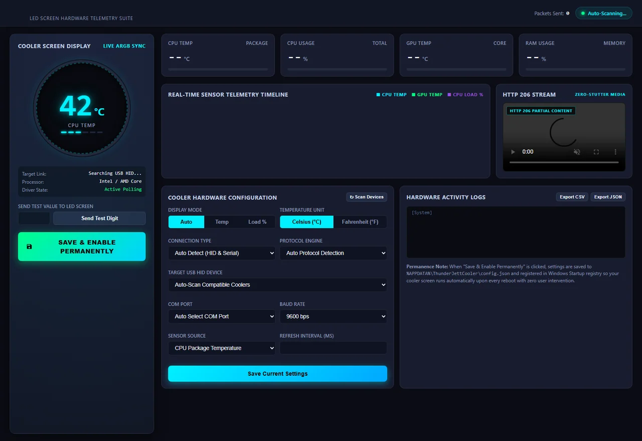 Cooler-control dashboard with a device-display illustration, telemetry placeholders, configuration controls and a log panel.