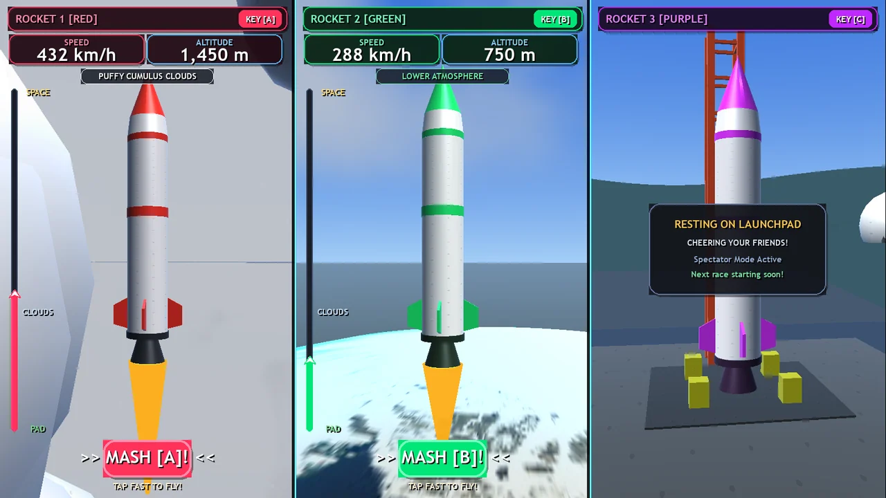 Three colored rocket-game lanes showing ascent telemetry for red and green rockets and a purple rocket resting on its launchpad.