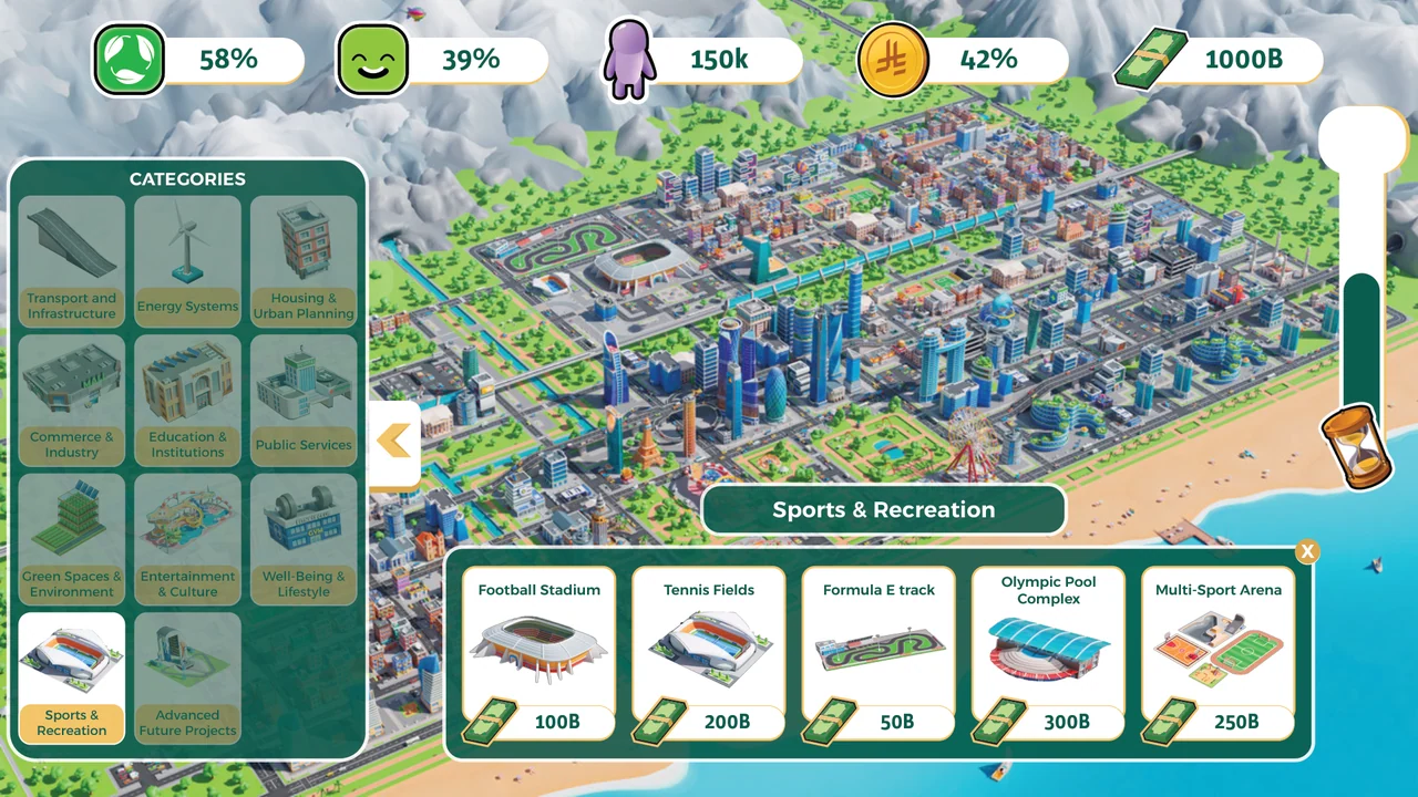 Sports and recreation in a city-building interface, with an illustrated isometric city and colored metric indicators.