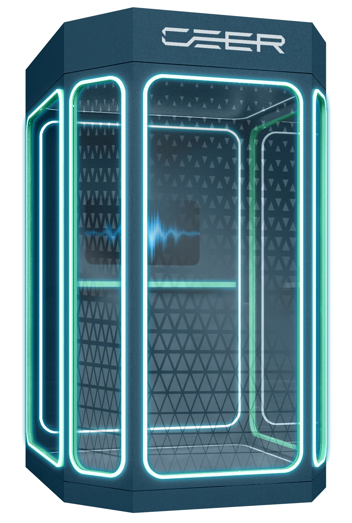 Dark teal booth with luminous rounded frames, triangular-patterned glazing and a blue waveform panel inside.