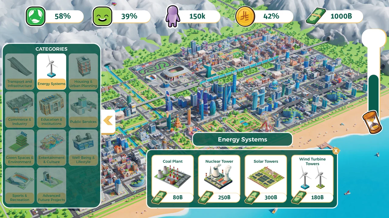 Energy systems in a city-building interface, with an illustrated isometric city and colored metric indicators.