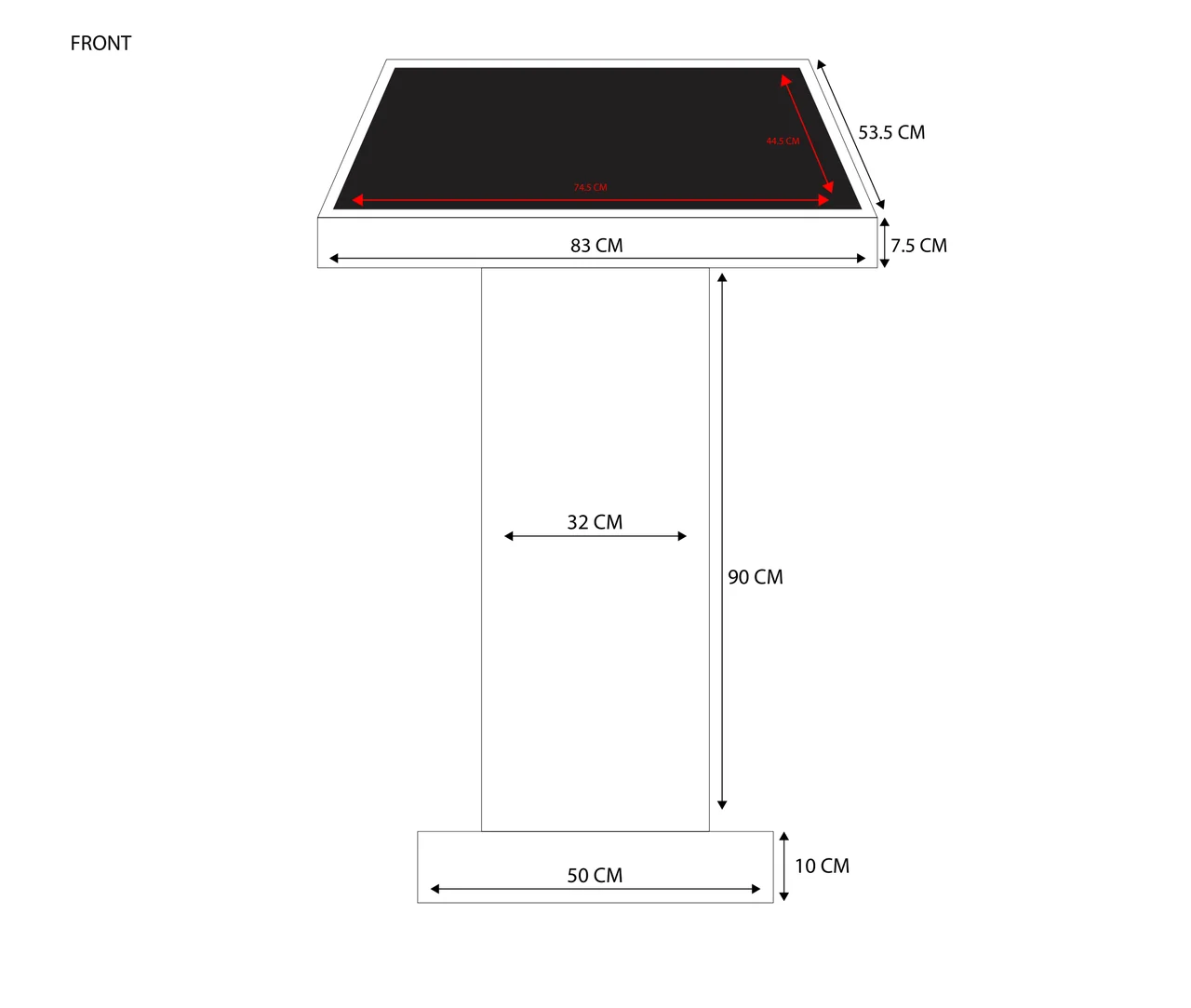 Dimensioned podium drawing with an angled dark display, narrow central column and wider rectangular base.