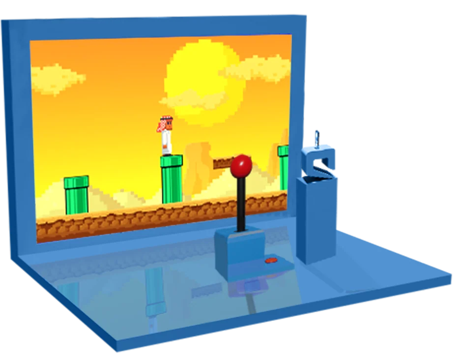 A blue game-display concept with a side-scrolling character scene, input pedestal and small platform.