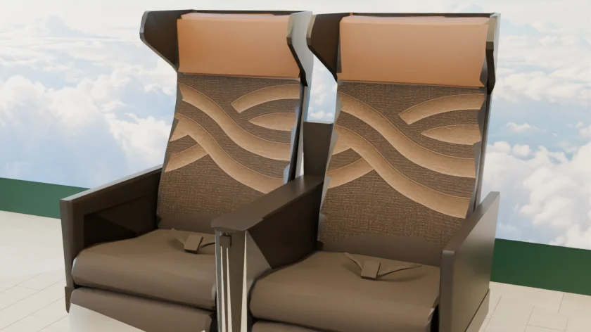 Two brown passenger seats with wave-patterned backrests, armrests and lap belts against a cloud backdrop.