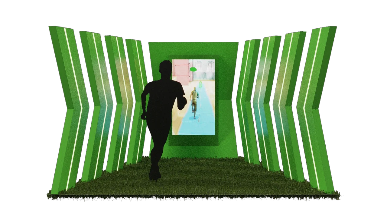 Running-display concept with green side fins, turf flooring, a foreground silhouette and a portrait game screen.