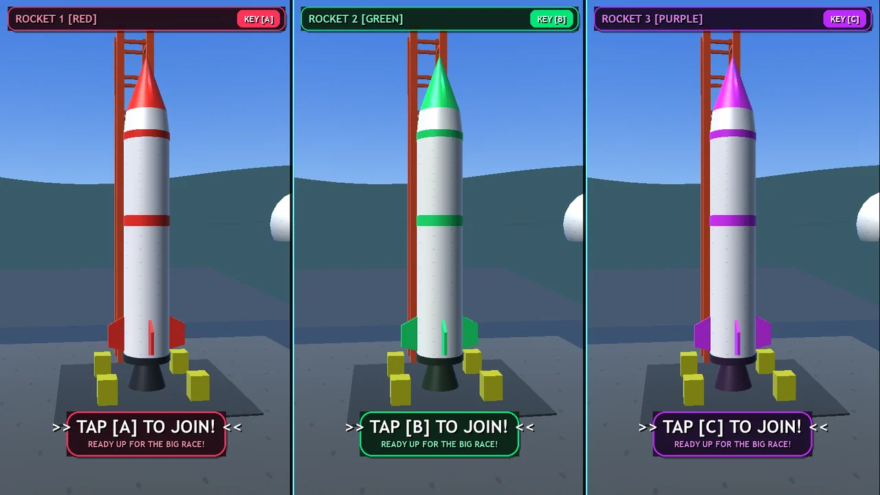 Three colored rocket lanes with separate A, B and C join prompts.