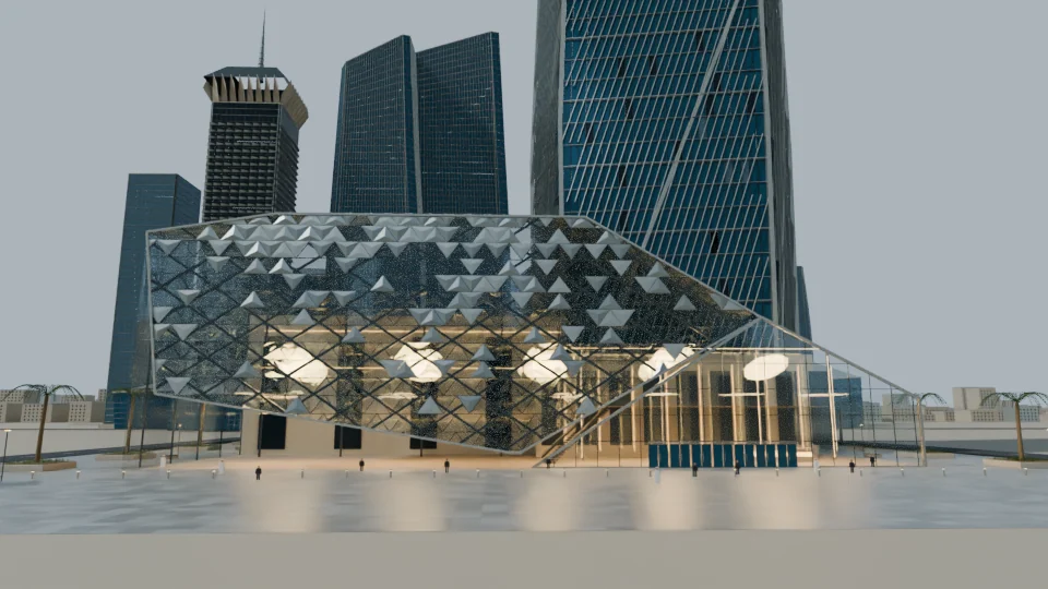 Architectural visualization of a faceted public building in front of glass towers.