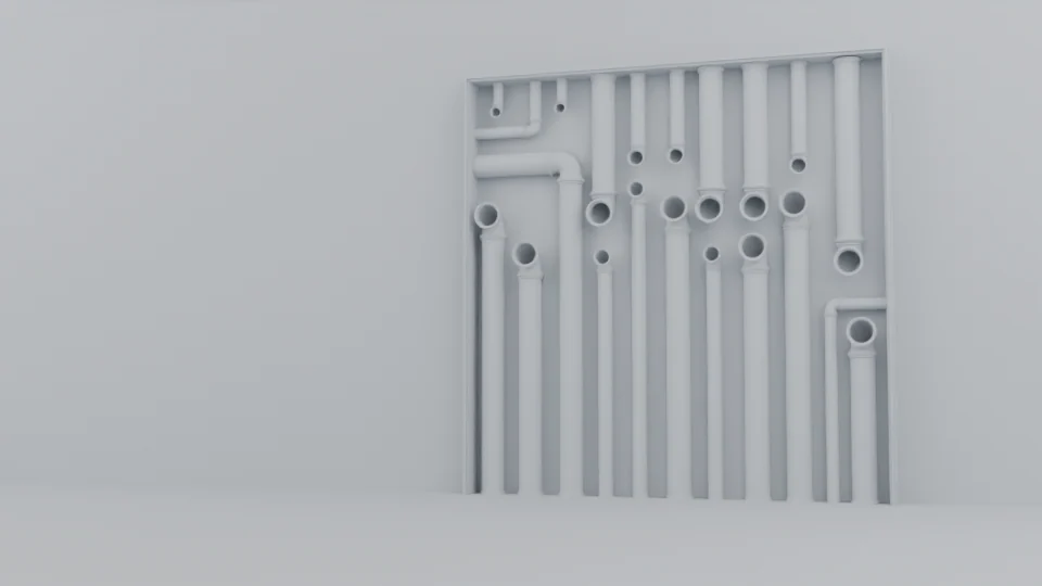 A neutral technical scene view of a framed wall containing pipes of different lengths, diameters and orientations.
