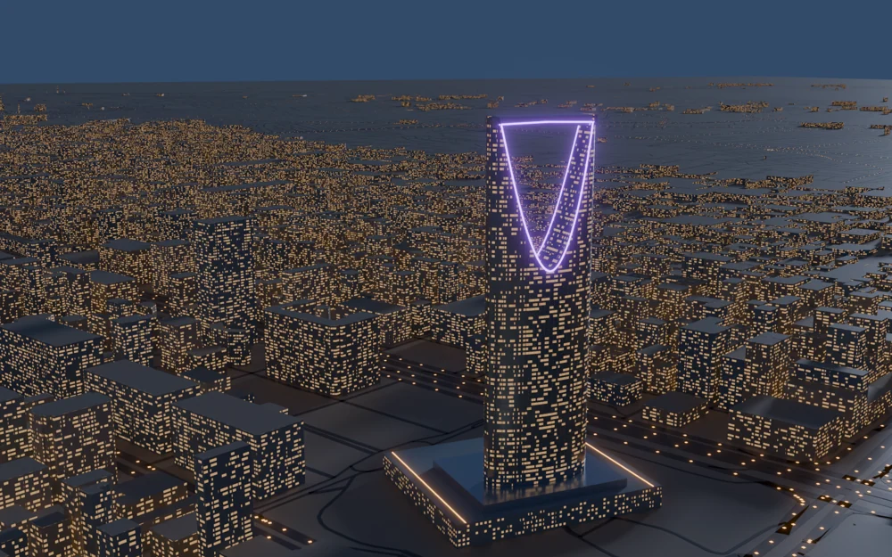 Night-time cityscape render with an illuminated tower and dense warm building lights.