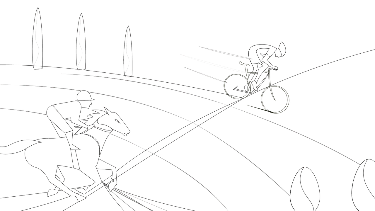 Black outline illustration of an equestrian and a cyclist crossing curved landscape lines, with slender trees.