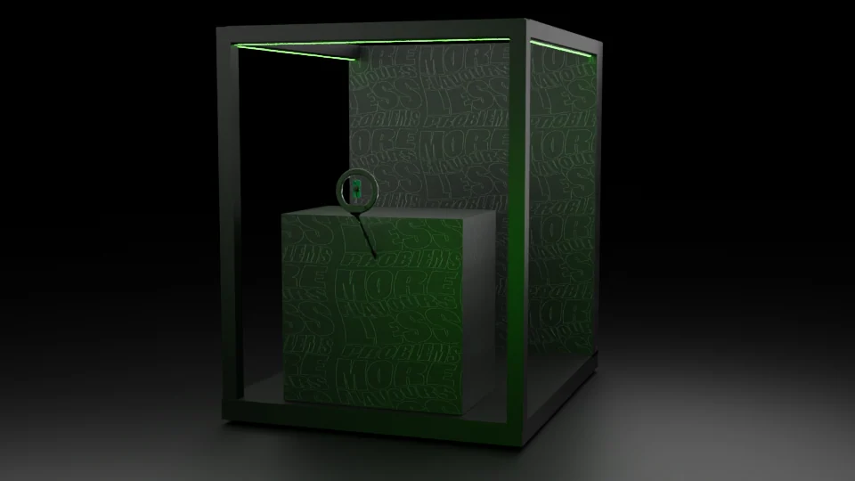 A dark framed recording booth with green strip lights, patterned back and side walls, a counter, and a phone held inside a ring light.