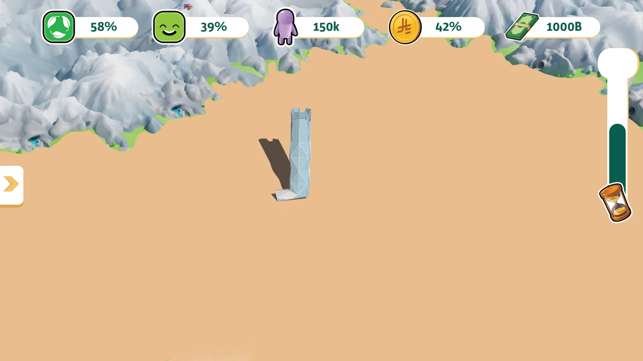 A starting point in a city-building interface, with an illustrated isometric city and colored metric indicators.