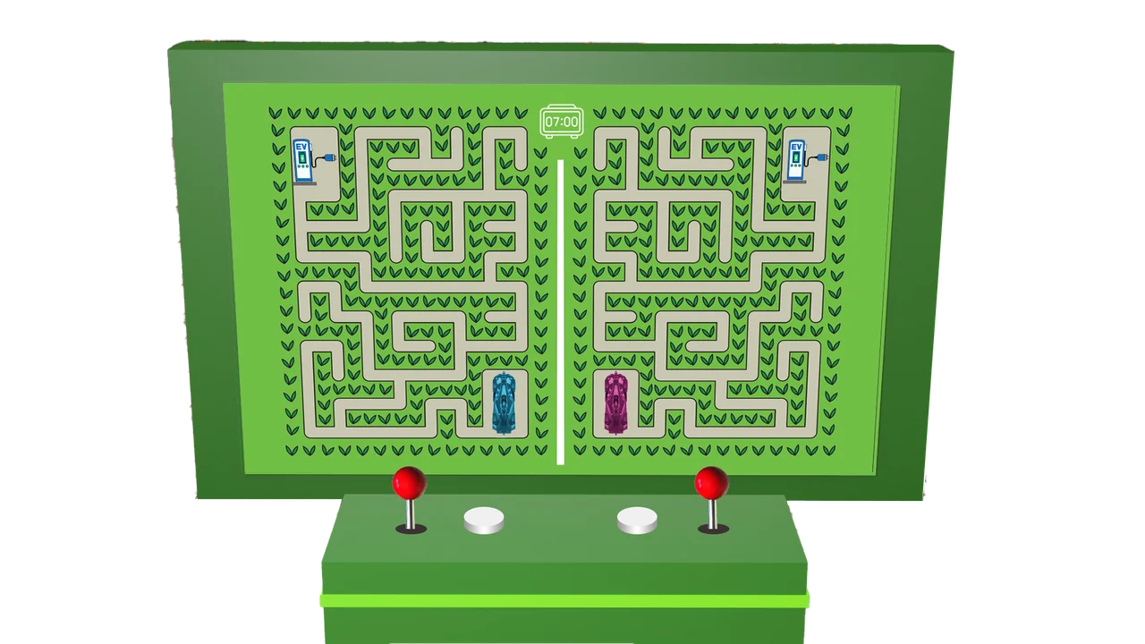 Two mirrored green maze game fields above a control desk with two red joysticks and white buttons.