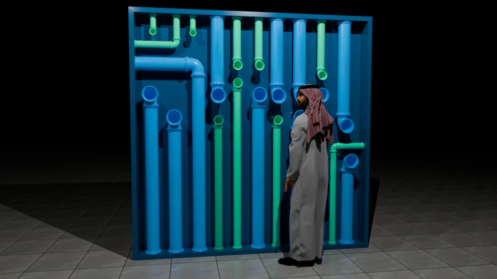 Blue and teal wall of pipes of varied heights with a standing scale figure on a tiled floor.