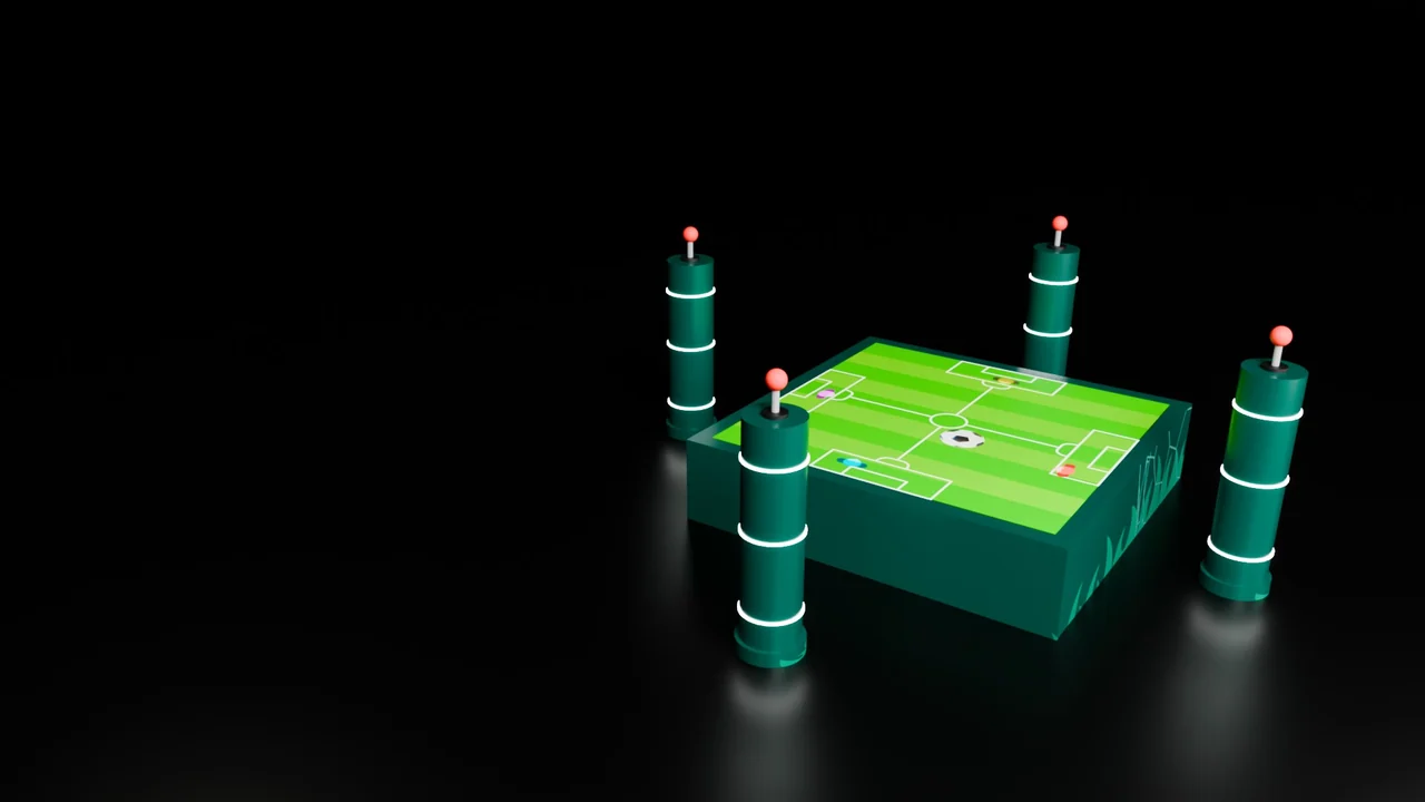 Green square football table surrounded by four cylindrical joystick stations with red handles and glowing white rings.