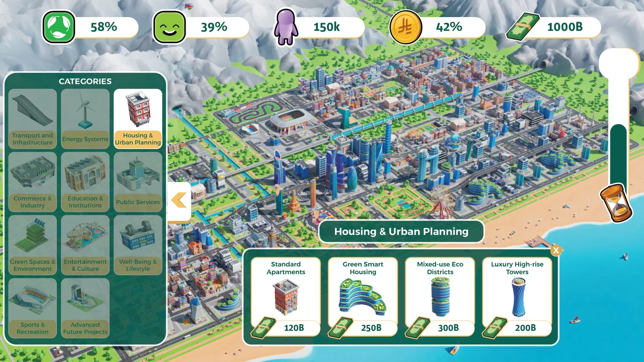 Housing and urban planning in a city-building interface, with an illustrated isometric city and colored metric indicators.