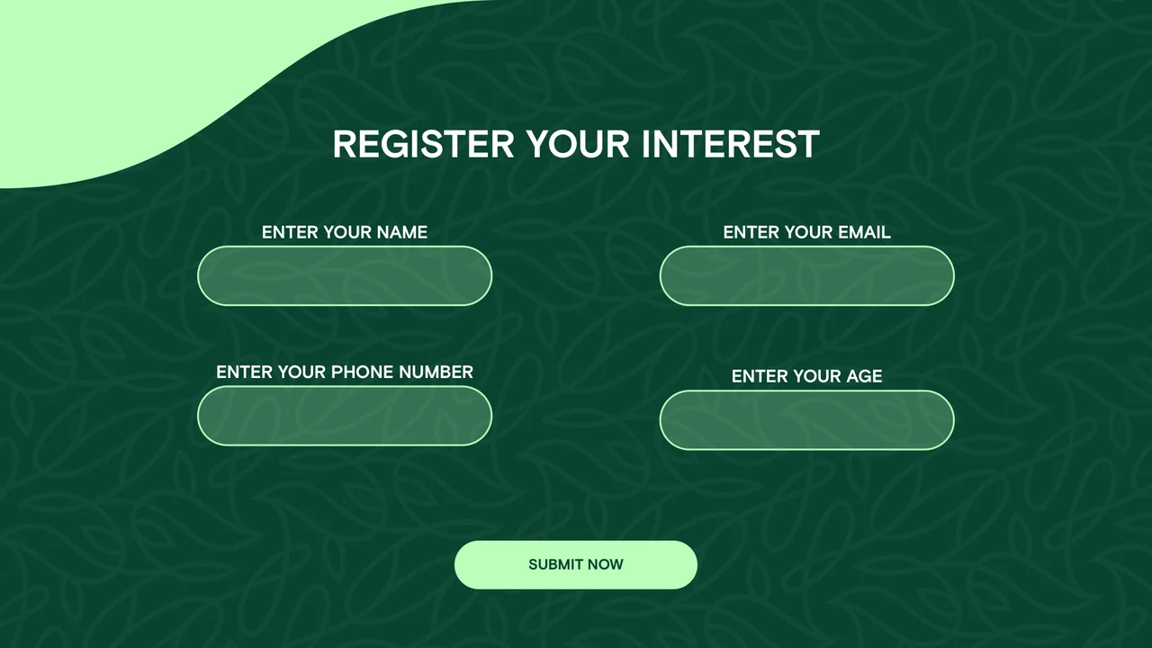 Green landscape registration form with empty name, email, phone and age fields and a centered submit button.