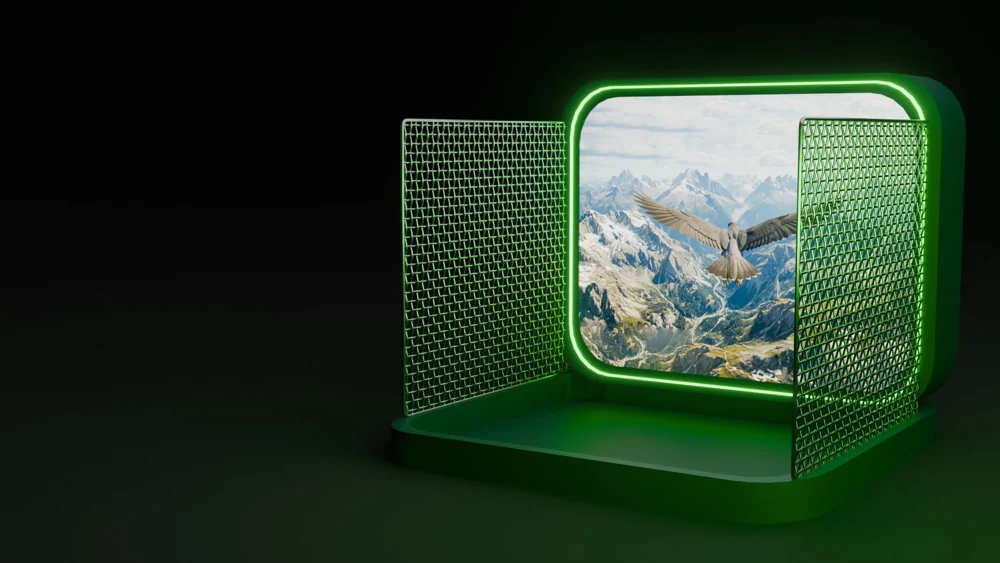 Green illuminated flight display with eagle-and-mountain imagery, mesh side panels and a rounded base.