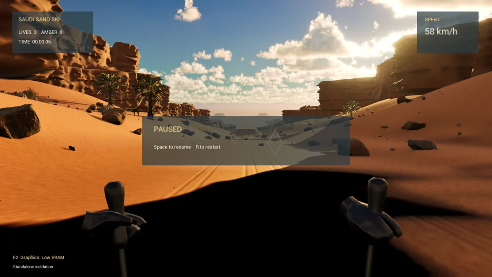 A paused first-person sand-ski game in a desert environment.