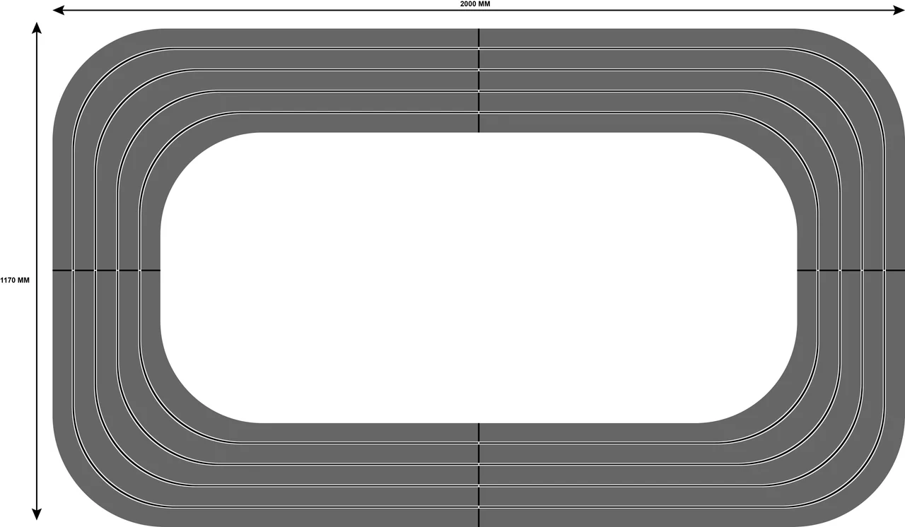 Gray multi-lane rounded track plan with dimensional arrows around its perimeter.