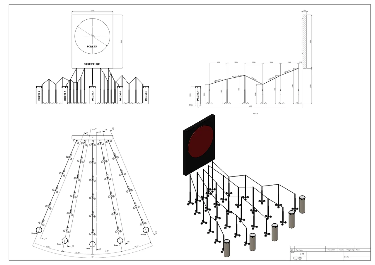 Dimensioned multi-view drawing of five drum stations arranged in a fan facing a circular wall display.