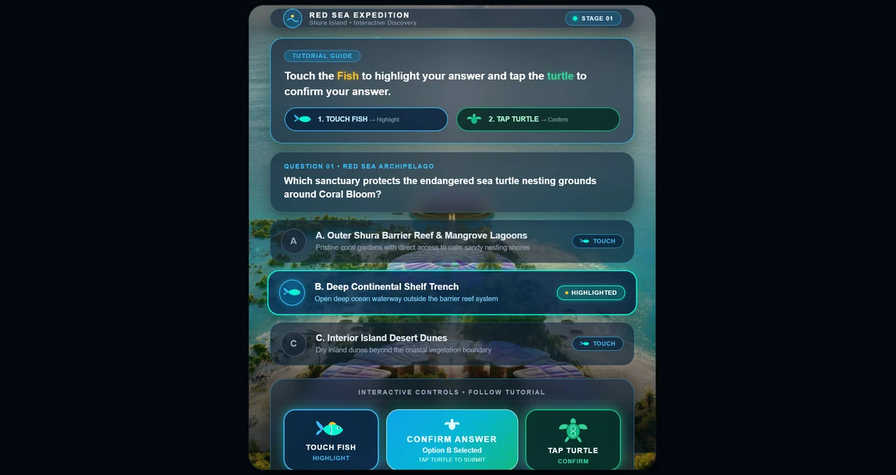 An aquatic quiz screen highlights option B and shows separate fish-select and turtle-confirm controls.