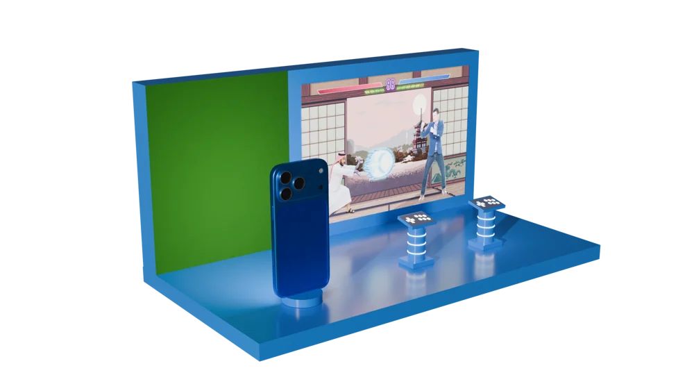 Blue two-player display installation with a phone-shaped camera unit and a fighting-game photobooth screen.