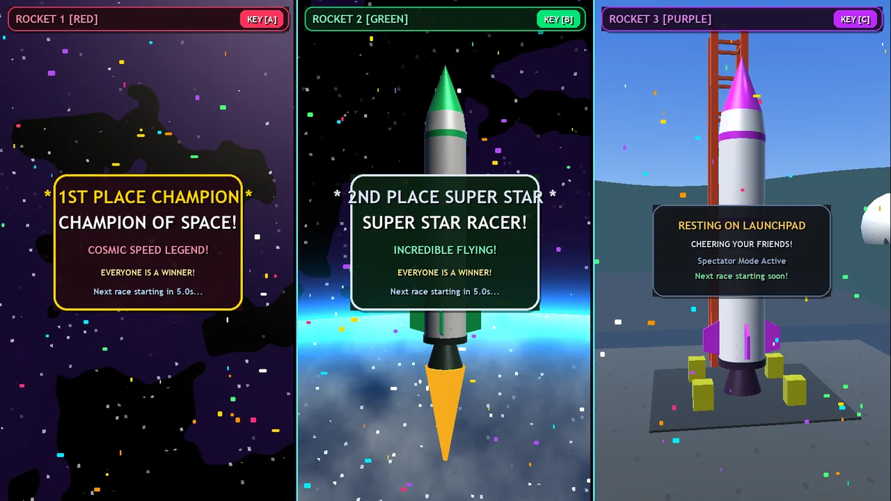 Rocket-game result screens celebrate the first and second finishers while the third lane remains in spectator mode.