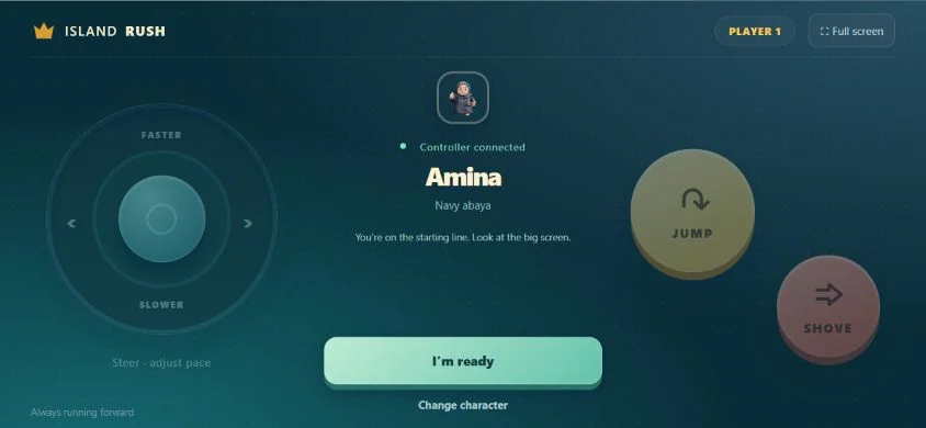 Amina’s landscape controller places steering on the left, jump and shove on the right, and the ready action below her identity.