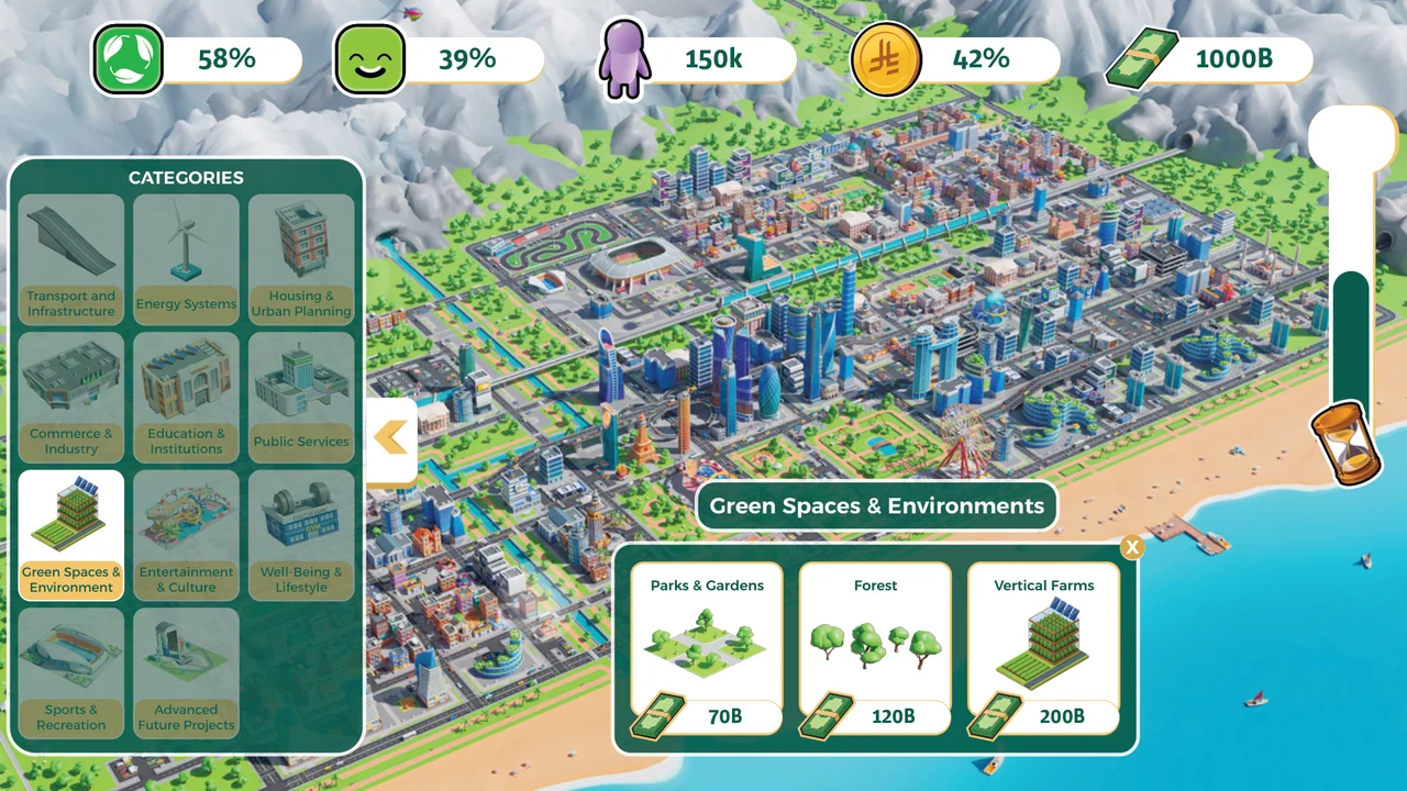 Green spaces and environment in a city-building interface, with an illustrated isometric city and colored metric indicators.