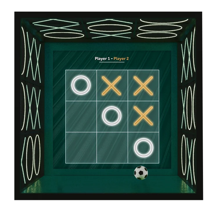 Dark enclosure concept with a luminous noughts-and-crosses grid, player labels, repeated X and O motifs on the side walls, and a football at the base.