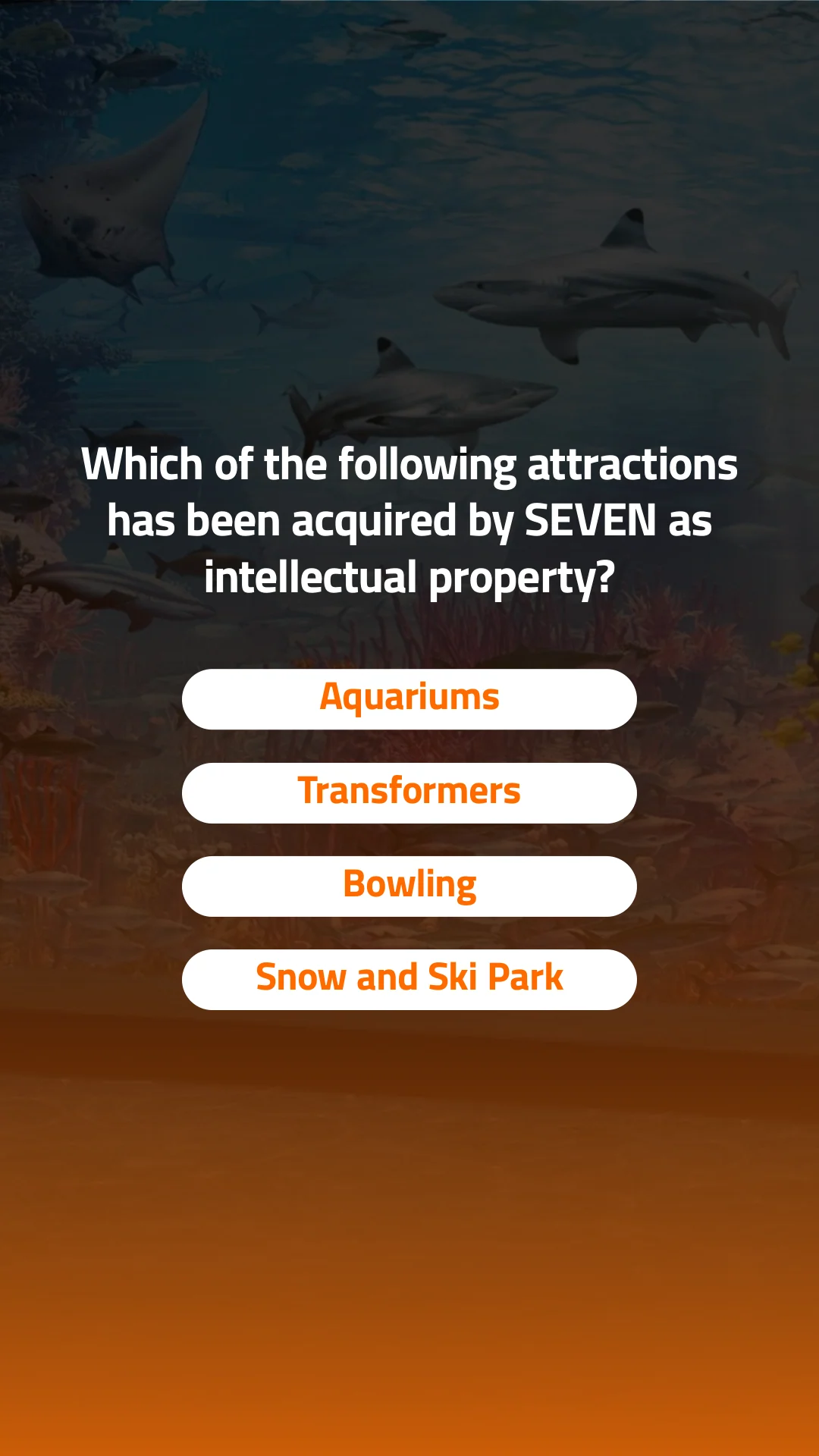 Four text answers use wide pill controls over the orange attractions screen. English source version.