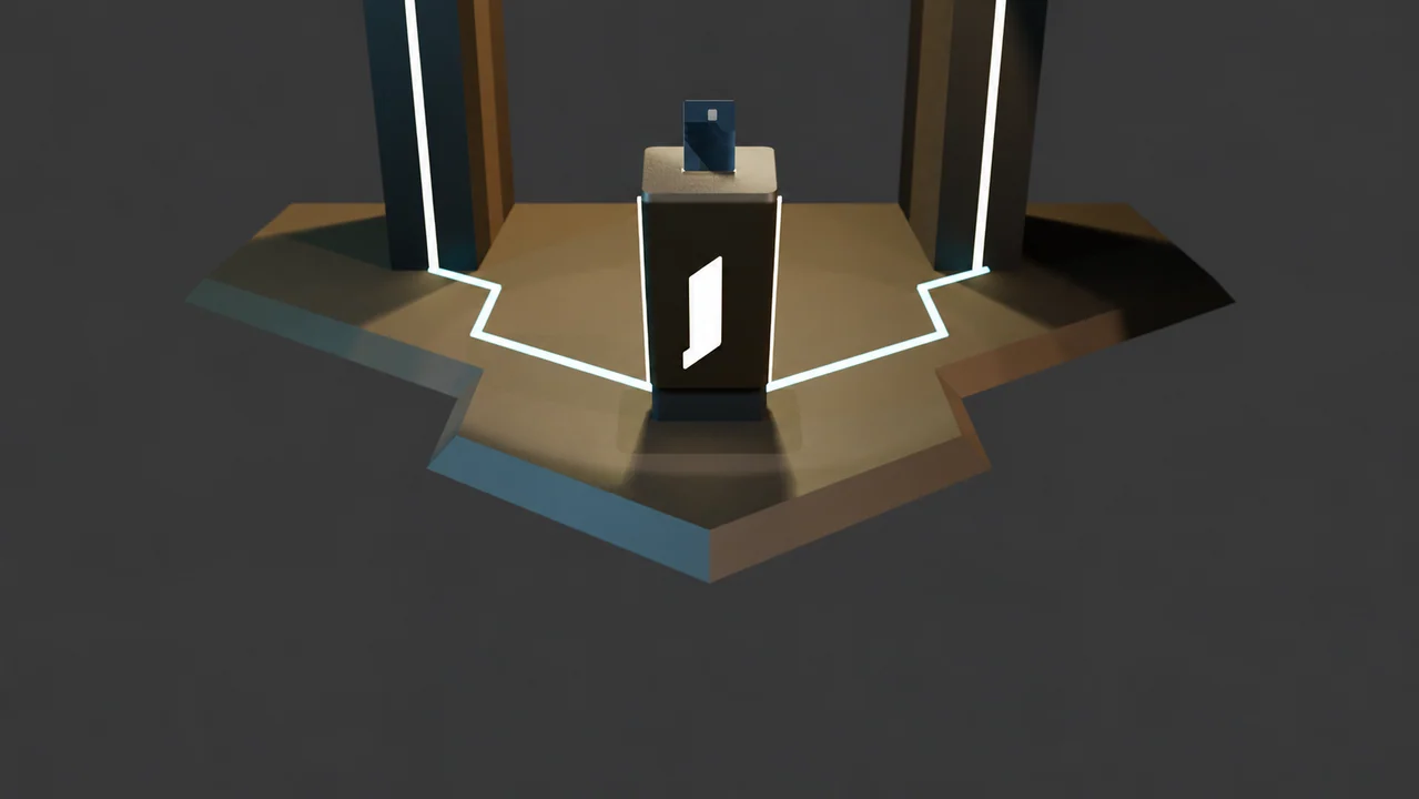 Dark card-display concept with a central podium, architectural frame and illuminated edges.