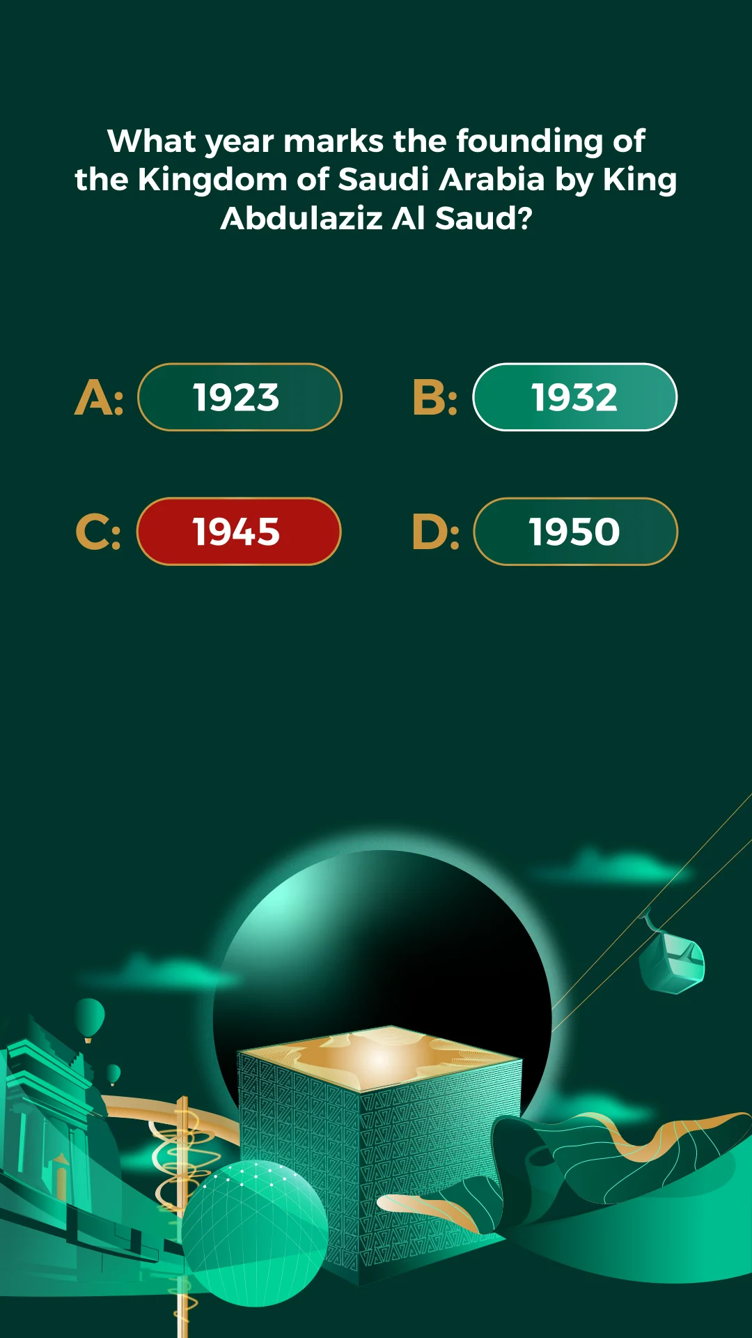 Portrait history-quiz screen with four answer pills and a green-and-gold architectural scene across the lower third.