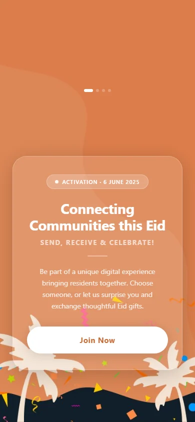 Portrait Eid gift-exchange landing page with an orange festive background, welcome message and join button.