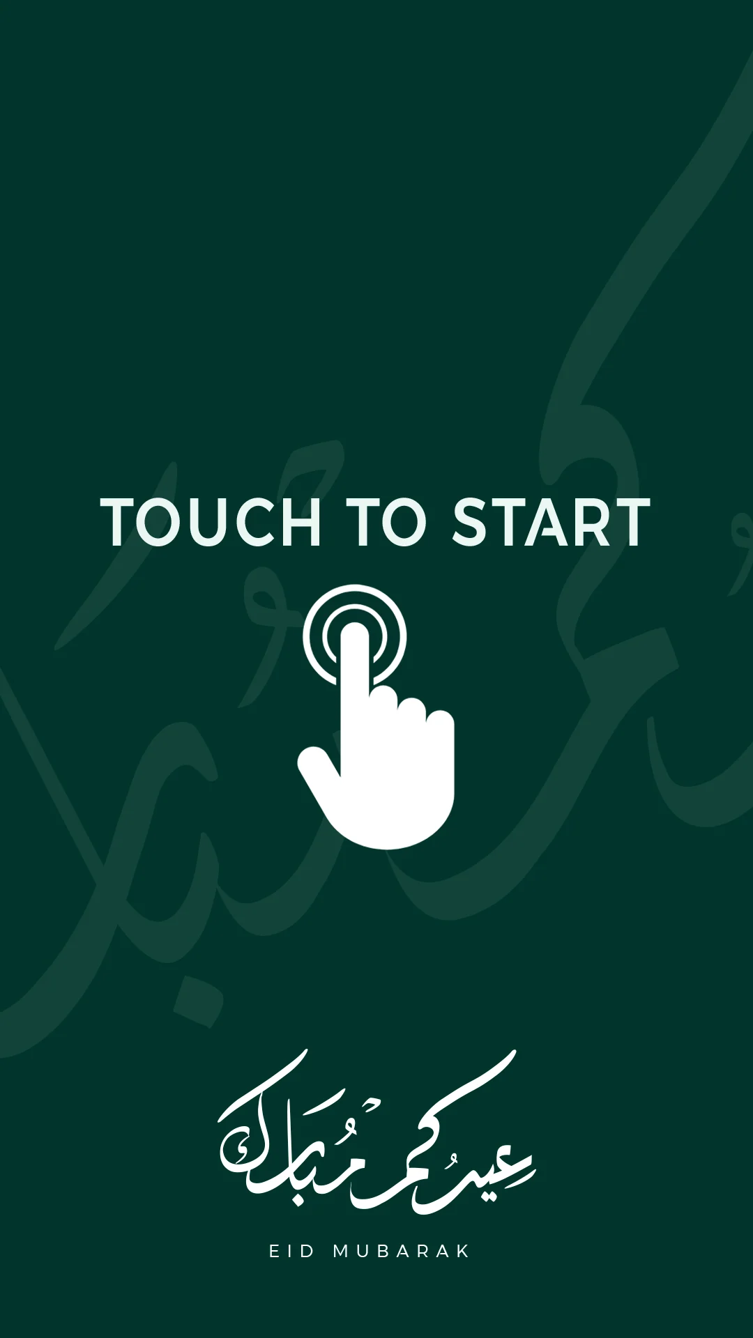 Portrait mirror-booth entry screen with a touch prompt, hand icon and Eid greeting over subtle Arabic calligraphy.