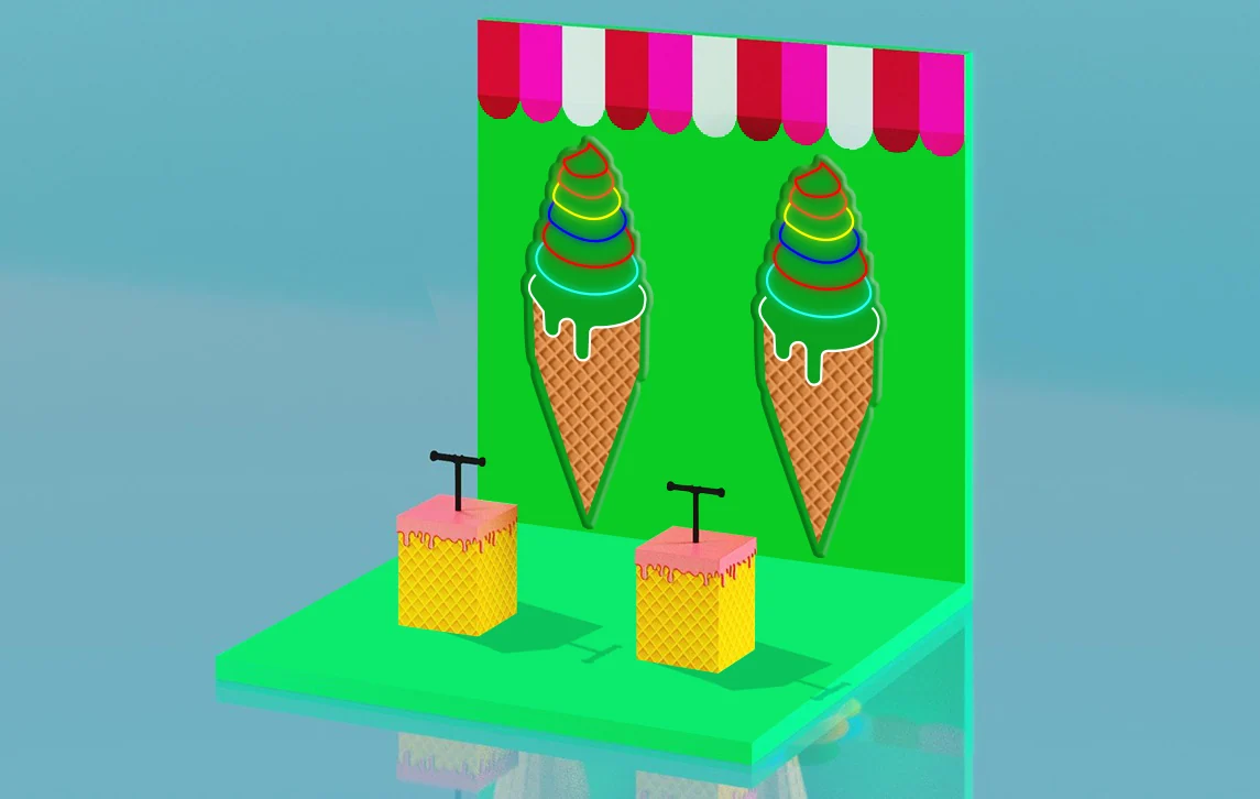 Two waffle-pattern activity plinths with handles in front of neon-outlined ice-cream cones and a striped canopy.