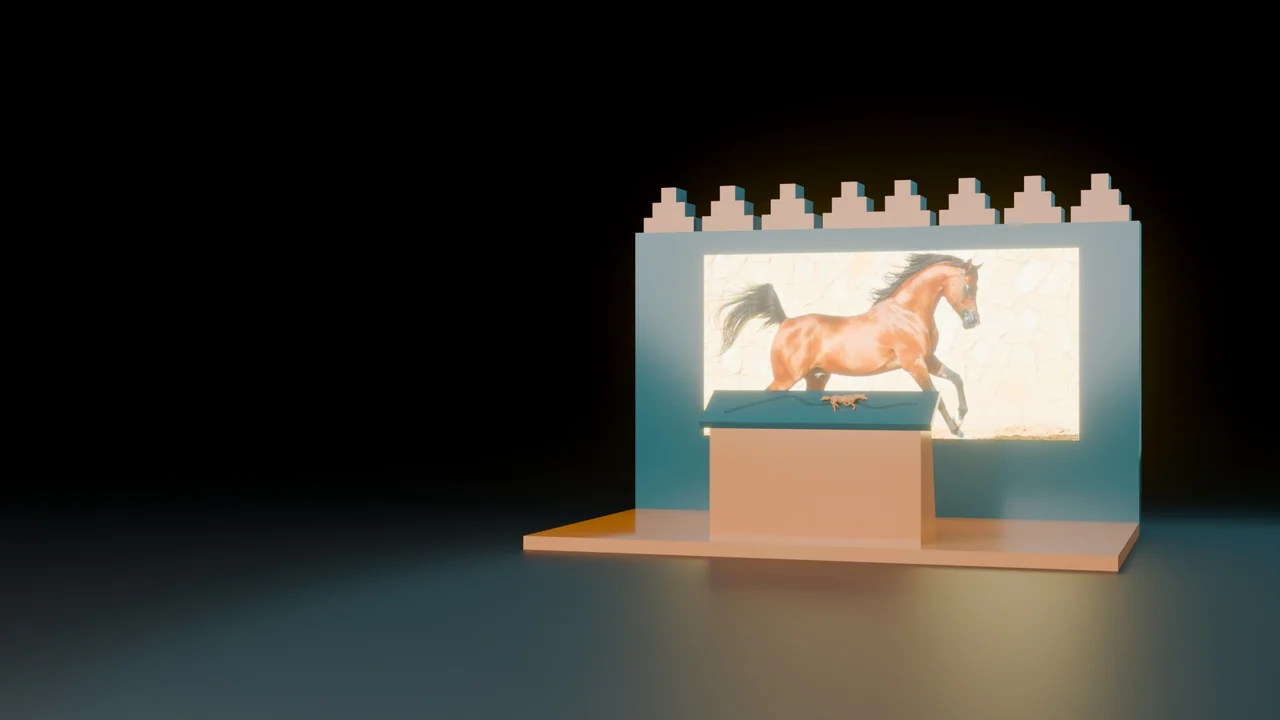 Teal equestrian screen wall with stepped sand-colored trim and a sloped console in front.
