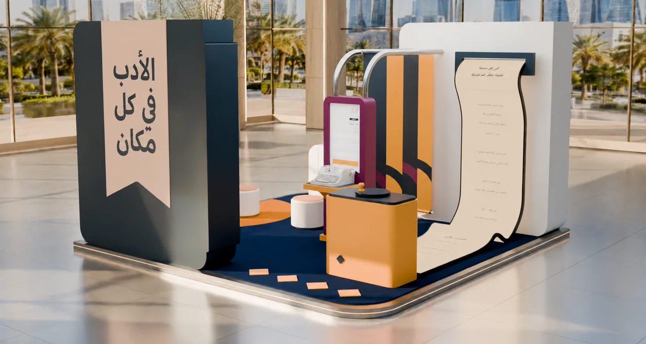 Warmly lit booth visualization with Arabic story banners, a curved reading display and a small typewriter station.