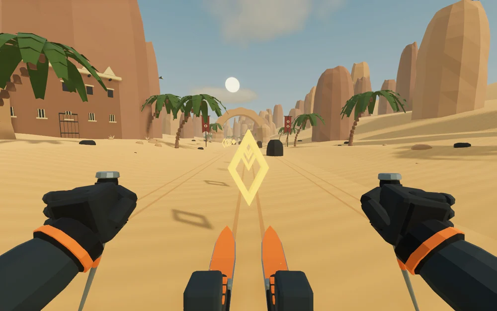 A stylized first-person skiing scene with orange skis, palms and a glowing diamond collectible.