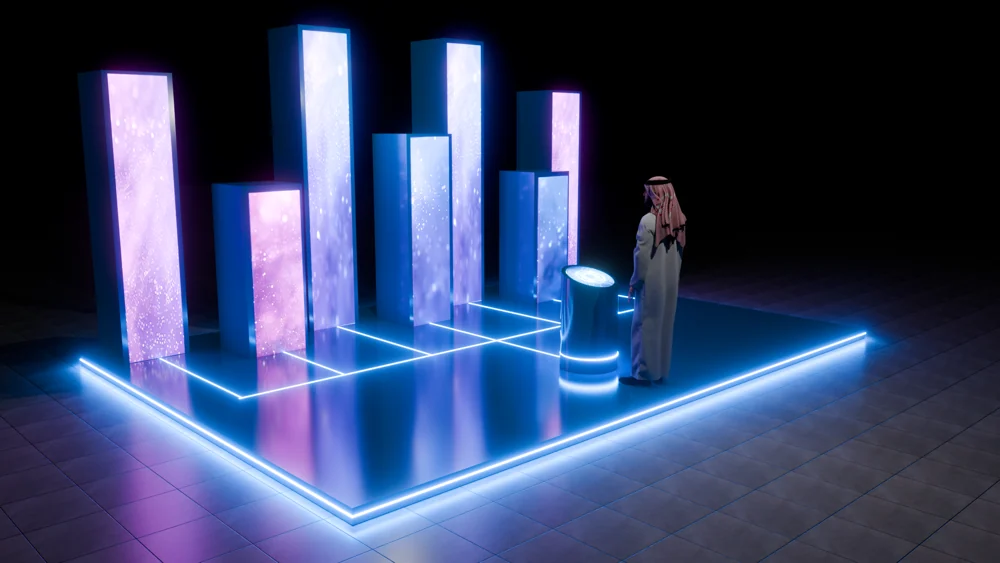 Concept visualization of freestanding screen pillars and a circular display.