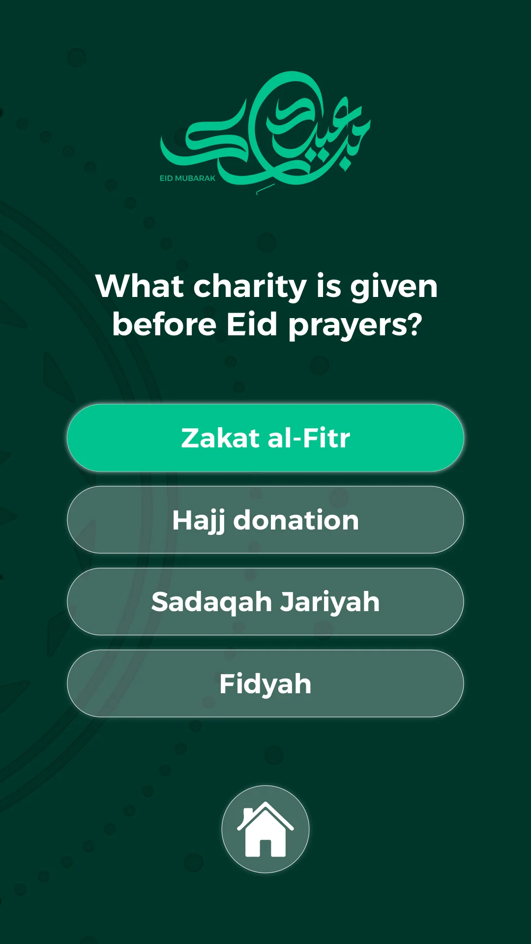 Portrait Eid quiz artboard with four answer options and a highlighted answer.