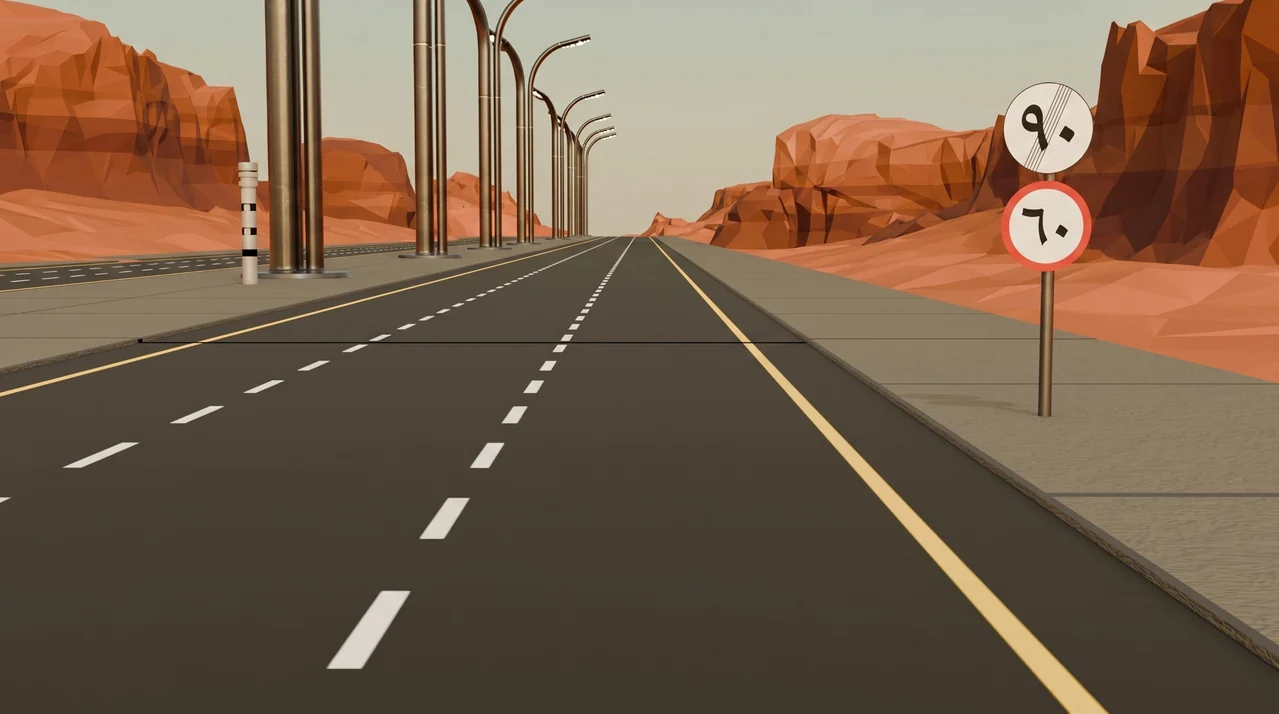Empty road receding between orange faceted cliffs, repeated streetlights and roadside speed signs.