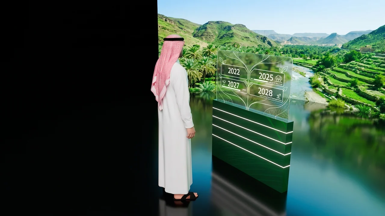A transparent panel with dates and leaf motifs stands before a wide green landscape display and a human scale figure.