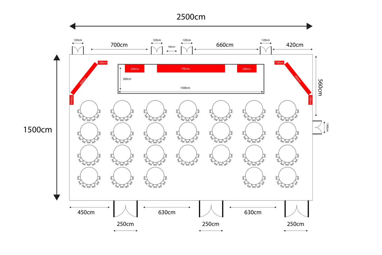 Complete dimensioned event venue plan with a stage, red screen positions, round tables and perimeter doors.