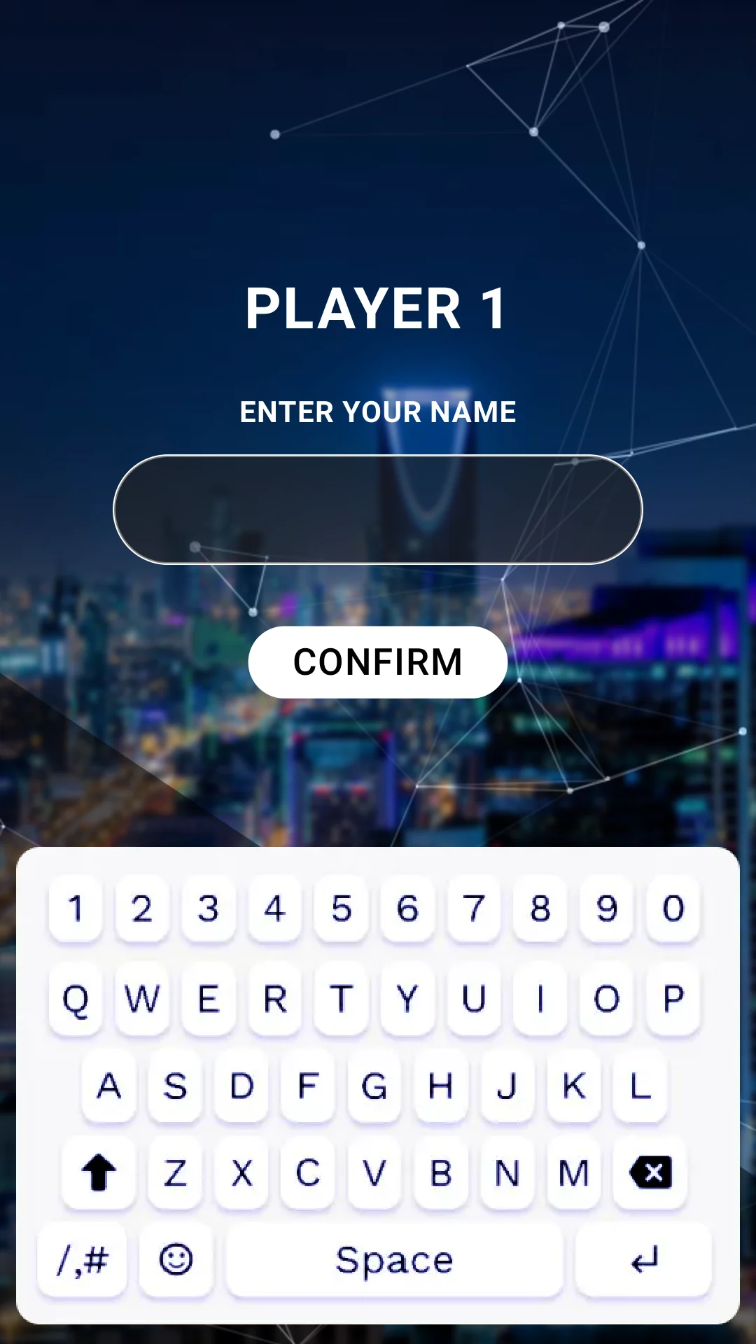 Dark blue portrait registration design with a blank player-name field, Confirm button and a large on-screen keyboard.