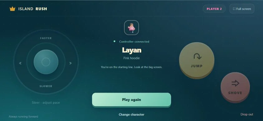 The same landscape layout presents Layan’s pink-hoodie identity and the Play again action.