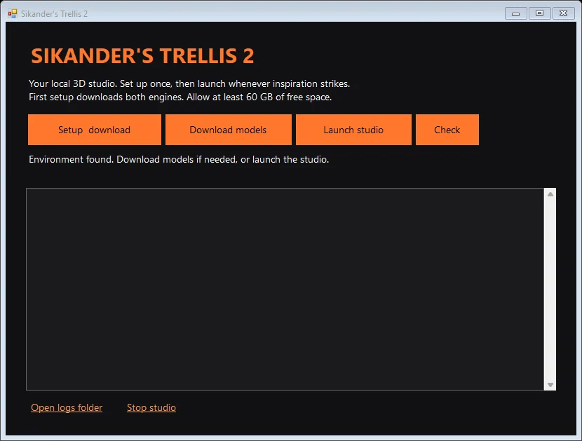 Saved desktop launcher preview with setup, model-download, launch and check controls above an empty output panel.